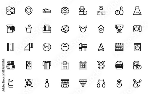 Bowling icon set. Vector illustration. Sports equipment collection. Includes pins, ball, lane, shoes, trophy, bar, pizza, scoreboard, glove, strike and more. Editable stroke.