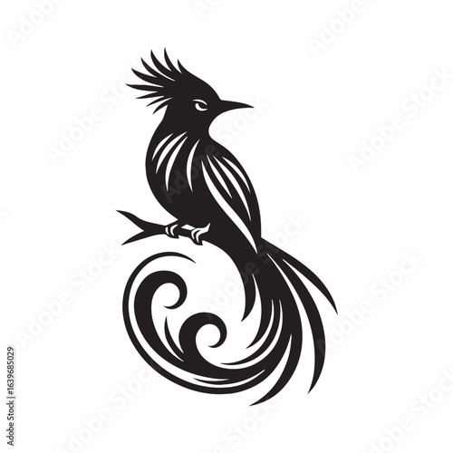 "Elegant Resplendent Quetzal Bird Vector Silhouette, Showcasing Long Flowing Tail Feathers, Graceful Profile, Exotic Form, Perfect for Nature Art, Tropical Designs, Wildlife Logos, and Ornamental Deco