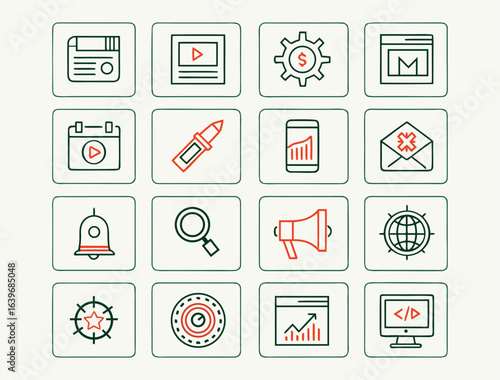 Set of 16 digital icons with green outlines and red accents on a light cream background icon set graphic design