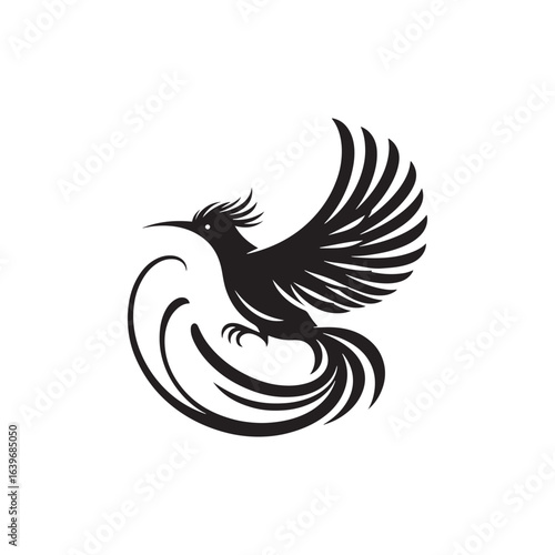 "Elegant Resplendent Quetzal Bird Vector Silhouette, Showcasing Long Flowing Tail Feathers, Graceful Profile, Exotic Form, Perfect for Nature Art, Tropical Designs, Wildlife Logos, and Ornamental Deco