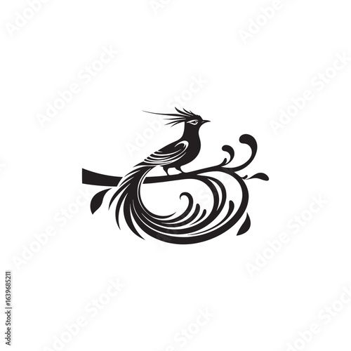 "Elegant Resplendent Quetzal Bird Vector Silhouette, Showcasing Long Flowing Tail Feathers, Graceful Profile, Exotic Form, Perfect for Nature Art, Tropical Designs, Wildlife Logos, and Ornamental Deco