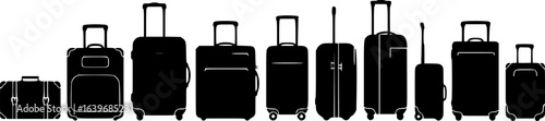 a row of various black suitcases with handles and wheels, simple vector illustration, white background

