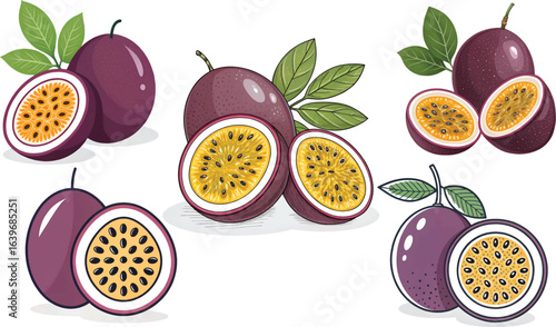 Flat lay illustration of whole and halved passion fruits with leaves against a clean white background, showcasing vibrant purple and yellow tones in a detailed interior