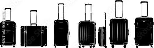 a row of various black suitcases with handles and wheels, simple vector illustration, white background

