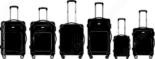 a row of various black suitcases with handles and wheels, simple vector illustration, white background

