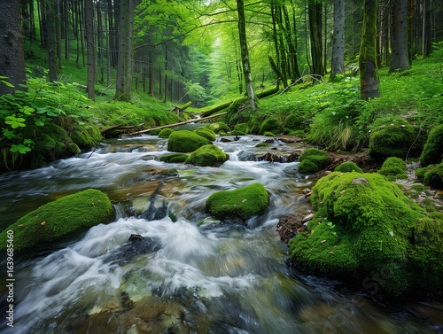 Mountain stream running through forest, moss-covered rocks, tranquil atmosphere