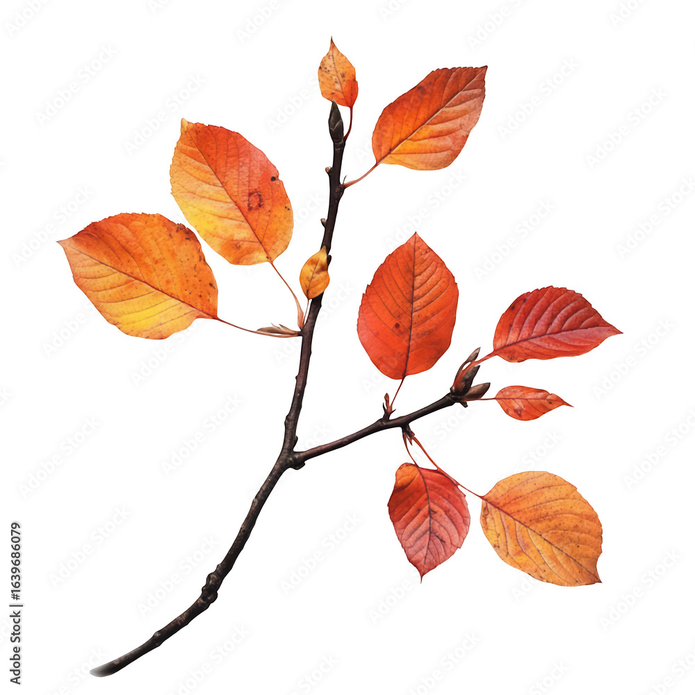 Obraz premium Autumn Branch with Red and Orange Leaves Isolated on Black Background