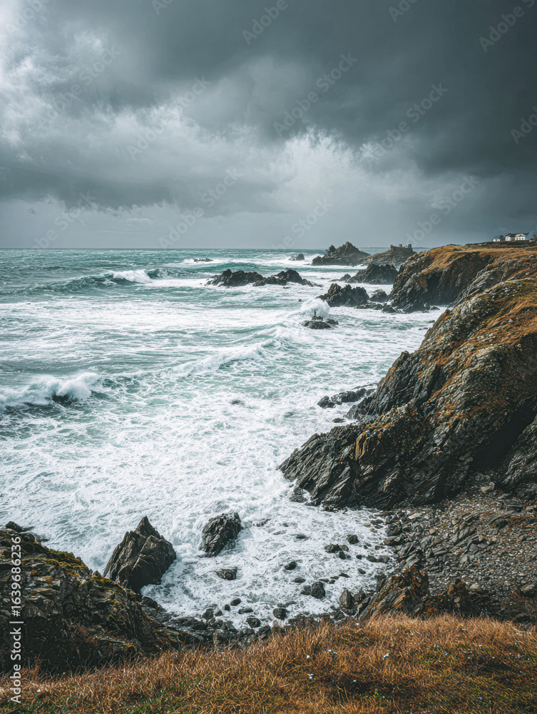 A dramatic seascape featuring turbulent waves crashing against rugged rocks under a moody, cloudy sky. A dramatic seascape featuring turbulent waves crashing against rugged rocks under a moody, cloudy sky.