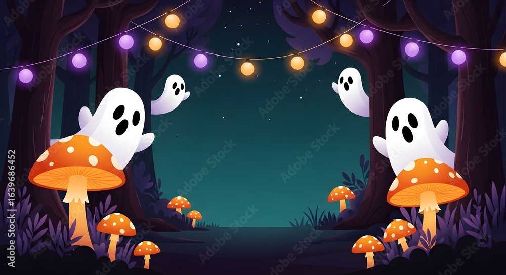 Naklejka premium Cute Ghosts in Mystical Forest with Glowing Mushrooms and String Lights for Halloween or Halloween-themed Decorations