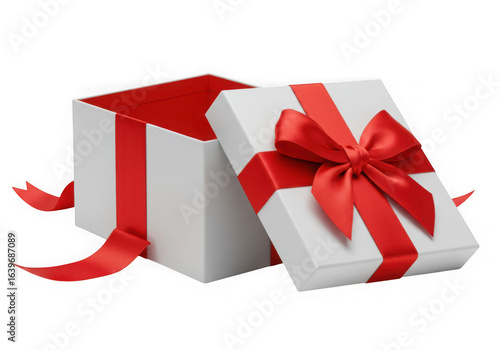 White gift box with red ribbon and bow isolated on transparent background