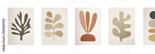 Abstract botanical wall art prints.  Four framed prints display minimalist, 