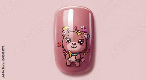 Pink Nail Polish with Cute Cartoon Bear Character Design for Children's Beauty and Nail Art