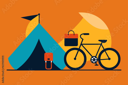 Bicycle Touring Camp with Panniers Beside Tent