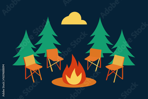 camping chairs around warm fire in forest clearing