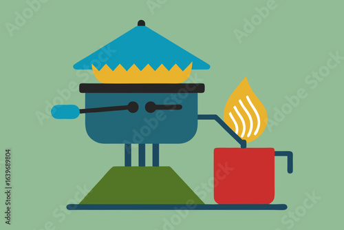portable stove cooking pasta at campsite