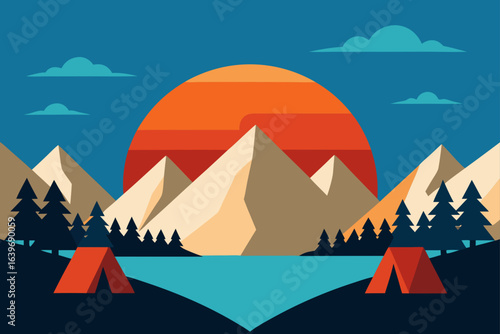 sunrise over mountains with tents by lakeside