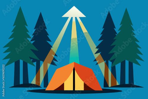 tent under giant sequoia trees with sunlight beam forest light