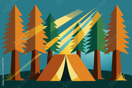 tent under giant sequoia trees with sunlight beam