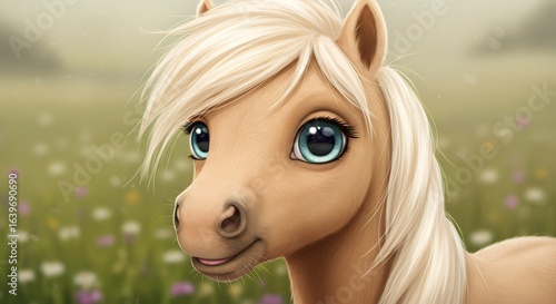 Cute Cartoon Horse with Blonde Mane in Meadow at Sunset