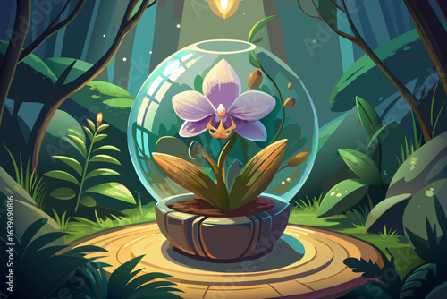 Orchid in a glass terrarium surrounded by lush forest scenery