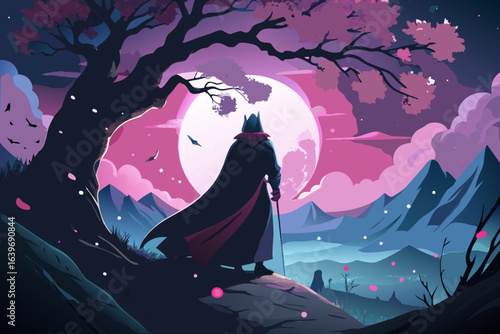 Mysterious figure gazes at pink moon over mountain landscape