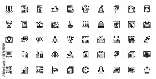 Voting elections icon set. Political vector collection. Includes symbols for vote, ballot, protest, government, megaphone, flag, debate, justice scale and more. Editable stroke.