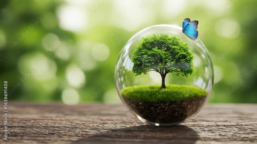 Tree inside sphere with butterfly symbolizing growth and environmental awareness on wooden surface Tree inside sphere with butterfly symbolizing growth and environmental awareness on wooden surface