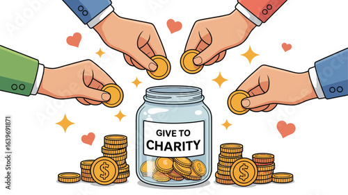  cartoon donation, fund collection, charity campaign, help vector, give money, cartoon vector style, crowdfunding icons, golden coin