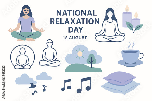 National Relaxation Day vector set with yoga, meditation icons, candles, nature scenes, and calming symbols.