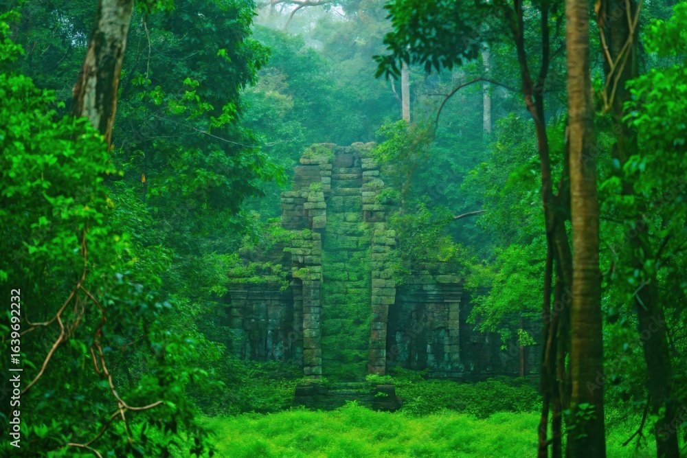 Ancient stone pyramid ruins overgrown with lush green jungle foliage Ancient stone pyramid ruins overgrown with lush green jungle foliage