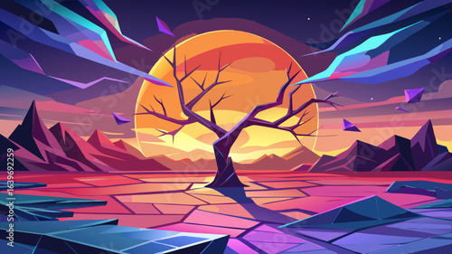 Surreal alien landscape with a barren tree under a giant orange sun