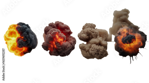 A collection of realistic fire and smoke explosions isolated on a white background