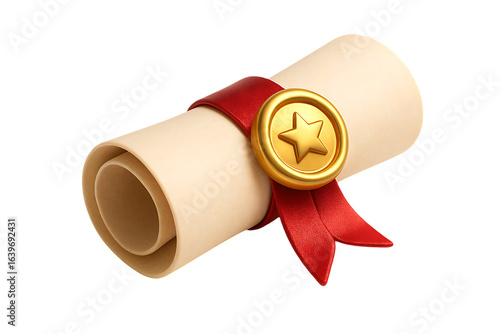 Rolled diploma or certificate scroll with a red ribbon and a golden star seal, a 3D icon for graduation, achievement, and education, isolated on a transparent background.