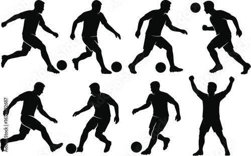 football player silhouette, soccer player vector, kicking ball icon, dribbling football EPS, passing player design, heading football vector,