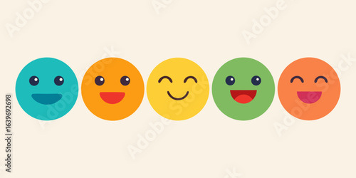 Row of colorful happy cartoon faces showing different smiles