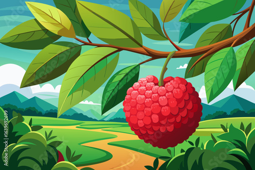 Ripe raspberry hanging from a branch in a lush landscape