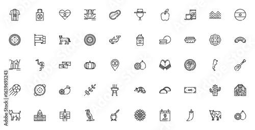 Argentina icon set. Vector illustration pack. Features football, tote bag, steak, hat, jaguar, whale, dulce de leche, choripan, bandonion, glacier, flamingo, mate and more. Editable stroke.