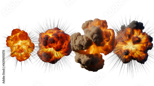 A dynamic sequence of fiery explosions with smoke and sparks for visual effect design