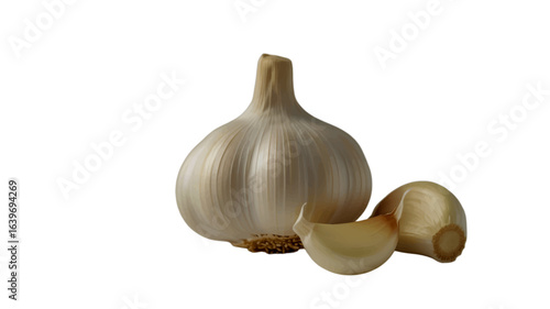 A fresh garlic bulb and cloves, a raw culinary ingredient isolated on white.