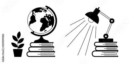 Minimalist icons representing education and learning, with a globe and desk lamp on stacks of books in a black and white vector style.