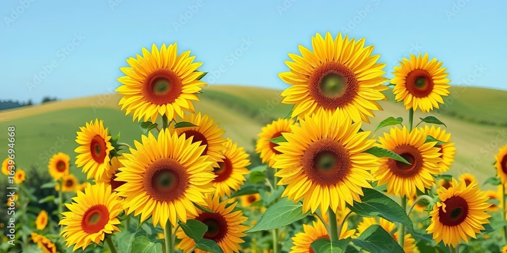 Obraz premium Vibrant sunflowers in full bloom across a rolling summer hill, paper-cut style, cheerful, paper