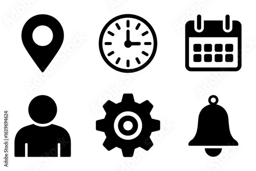 Collection of essential user interface solid icons. Vector symbols for location, clock, calendar, profile, settings, and bell alert.