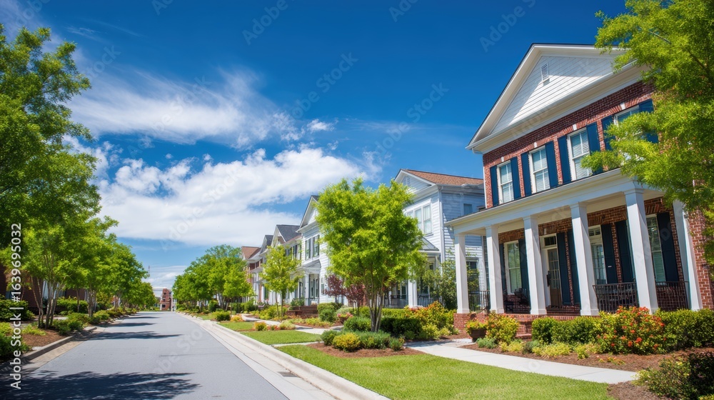 Beautiful suburban street lined with charming homes under a bright blue sky and fluffy clouds Beautiful suburban street lined with charming homes under a bright blue sky and fluffy clouds