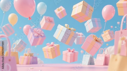 Colorful Gift Boxes and Balloons Floating in Bright Sky for Celebration or Party