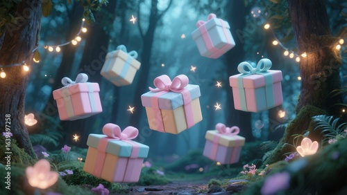 Colorful Gift Boxes Floating in Enchanted Forest with Fairy Lights and Glowing Flowers