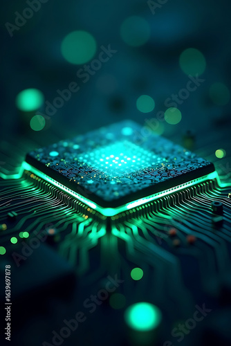 Close-up of a glowing microchip on a circuit board with green light effects.