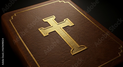 Religious Bible with Gold Cross on Brown Leather Cover in Close Up