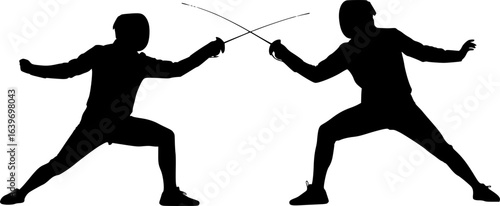 silhouettes of people doing fencing poses with swords, black and white, full body