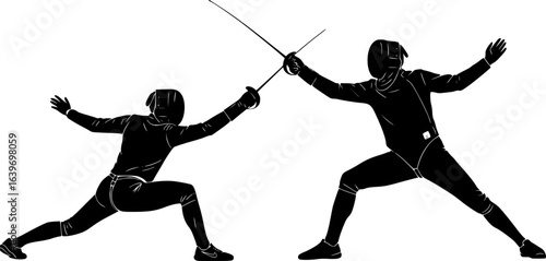 silhouettes of people doing fencing poses with swords, black and white, full body