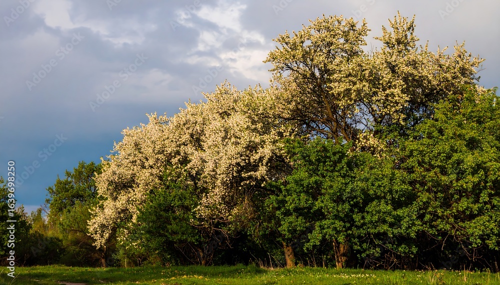 Obraz premium Blooming trees in spring field